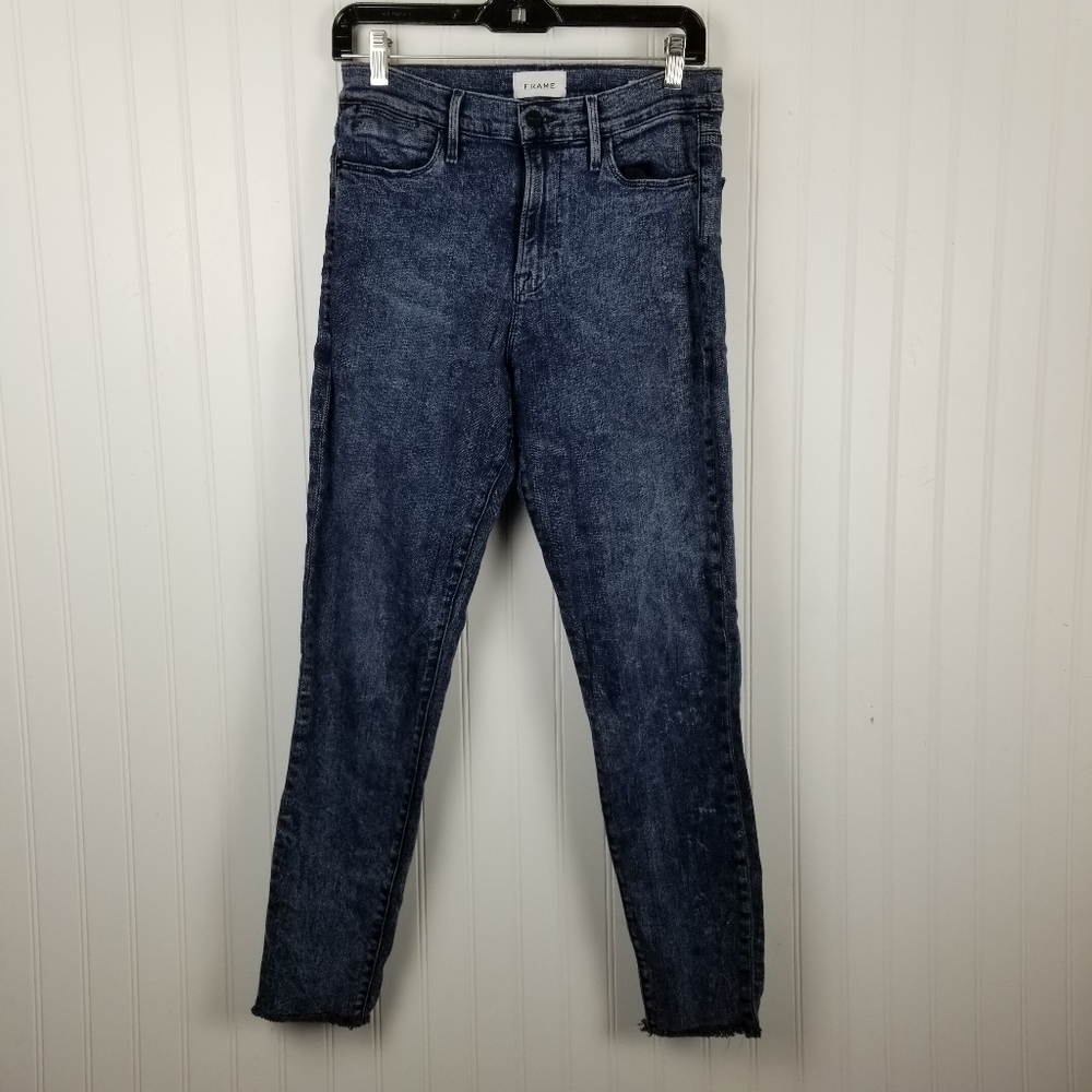 Frame Jeans le High skinny Raw Edge Beat Size 30 Ankle Stretch Cropped Dark Wash - Picture 12 of 12